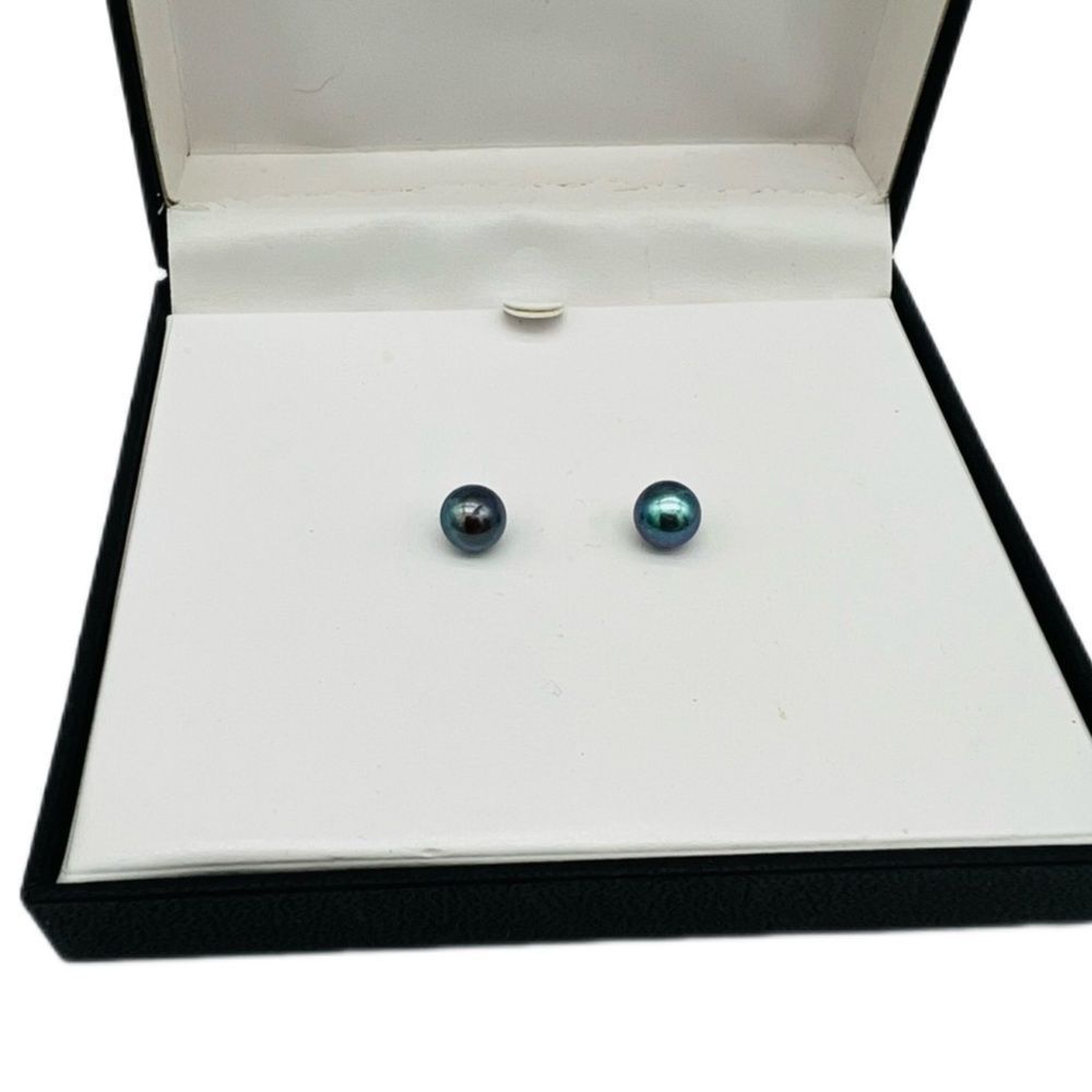 Peacock Iridescent Black Genuine Cultured Pearl Stainless Steel Earrings 6.35mm